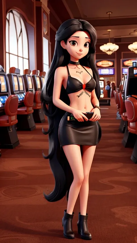 Woman long black hair tattoo arm chest, cell phone in hand in a casino