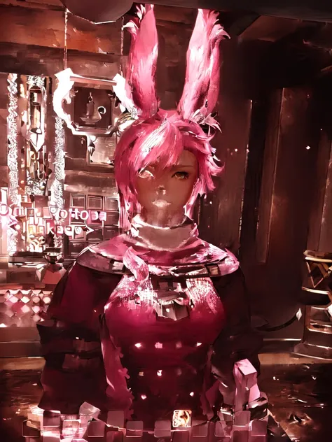 There is a woman with pink hair and bunny ears standing in a room, final fantasy style 14, final fantasy 14 sharp, neferpitou, Final Fantasy XIV, Final Fantasy 1 4 screenshot, She is in the potions workshop, wearing cyber bunny ears, ffxiv, close-up portra...