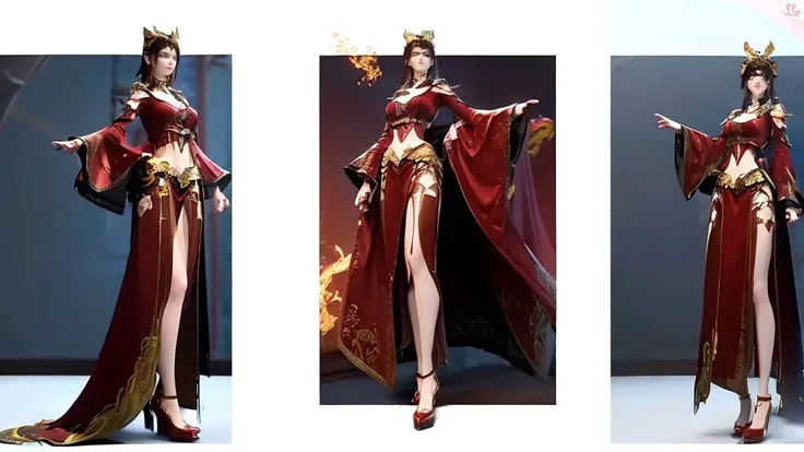 ((masterpiece, best quality)), Delicate face, Character Design Sheet，Whole body love, Rich in details, Multiple poses and expressions, Very detailed, depth, Many parts，beautiful girl，Light，发Light，Red and Gold，Phoenix decoration，gauze，Lace，Lace连裤袜，High heel