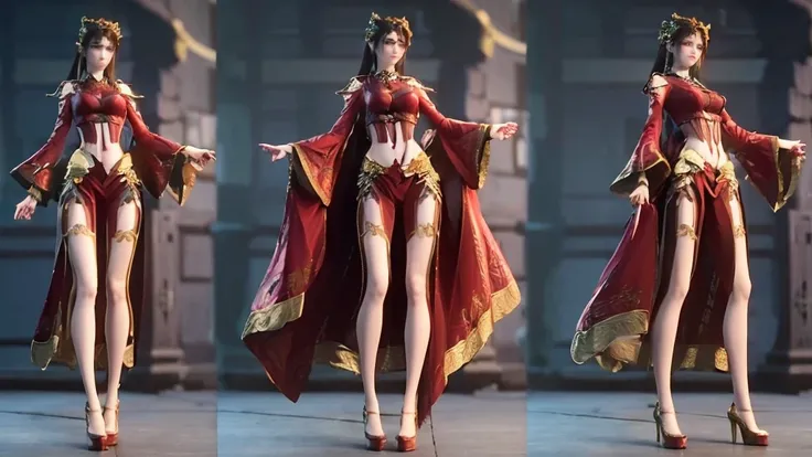 ((masterpiece, best quality)), Delicate face, Character Design Sheet，Whole body love, Rich in details, Multiple poses and expressions, Very detailed, depth, Many parts，beautiful girl，Light，发Light，Red and Gold，Phoenix decoration，gauze，Lace，Lace连裤袜，High heel