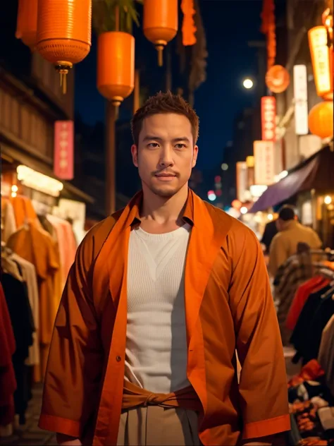 dim orange moonlighting,dim orange neonlighting,night,A beautiful man wearing  on the bustling streets of Gintama, surrounded by vendors, beautiful portrait of a stunning goddess girl, beautiful detailed face, porcelain skin, full body shot, centered, ultr...