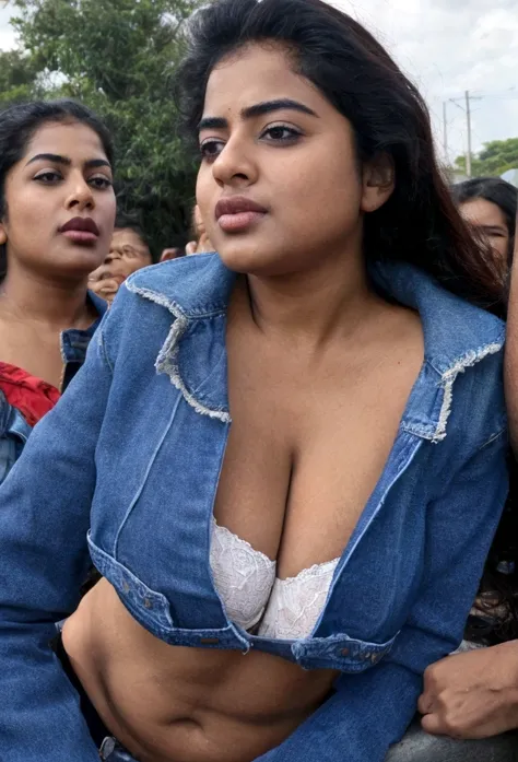 extreme closeup photo of ntg avika gor seductive look, begging crowd for sex on road, bra and denim jacket, sultry, erotic big  