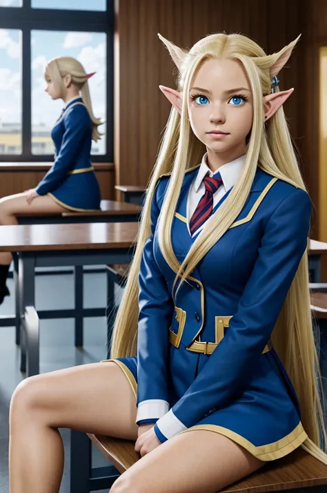 Screenshot My hero Academia.
A girl with long blonde hair, with elf ears and blue eyes. She is sitting and is wearing the Ua uniform, In the background is the Ua classroom