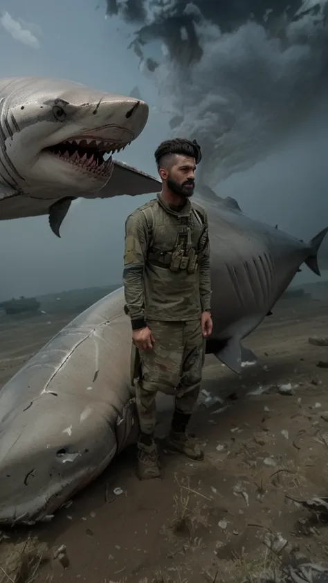 (Detailed description) (best quality) American man, American soldier, big beard, white shark animal, short hair, animal shark involved, going to war boy