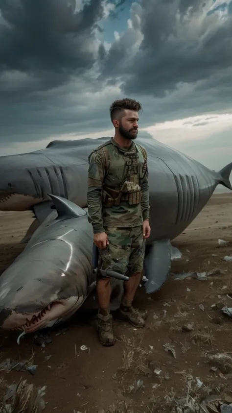 (Detailed description) (best quality) American man, American soldier, big beard, white shark animal, short hair, animal shark involved, going to war boy