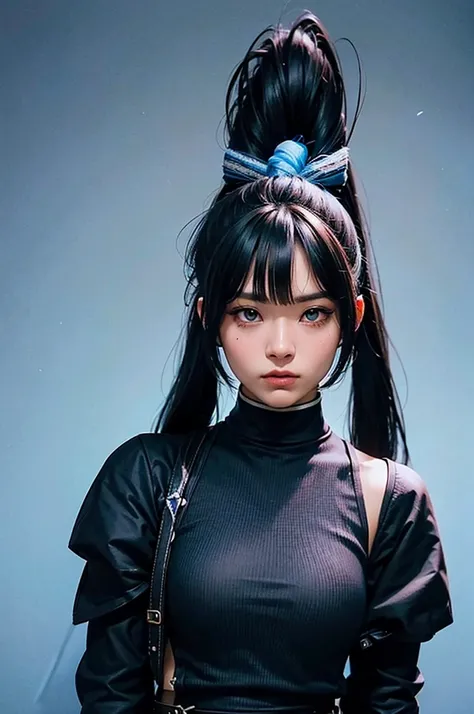 create a 1800s, badass blasian mixed girl with very long and messy black hair and blue eyes in a cool assassin outfit with a rifle and katana. give her two ponytails and bangs; anime art style