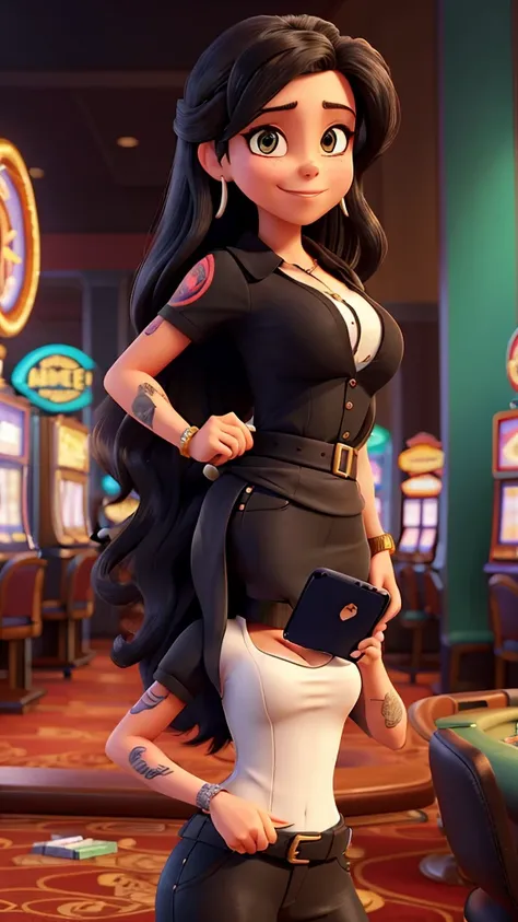 Woman with waist-length hair, black tattoo, busty arm, cell phone in hand in a casino, cigarette smiling blouse nike