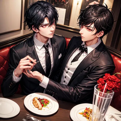 A gentleman,with red eyes and black hair with wolf cut hairstyle,wearing tuxedo,wearing earrings and necklace,eating at steak restaurants, only him alone,anime