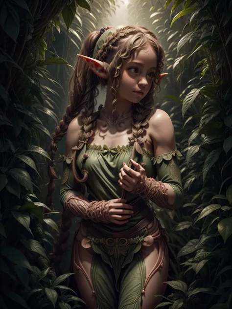 ((curly pigtails hair girl)), ((only anatomical hands)), full body, ((wearing a elf cloth)), in high technology over plant grown jungle, 8k, RAW photo, best quality, masterpiece, high detail RAW color photo, dramatic lighting, cinematic lighting, back ligh...