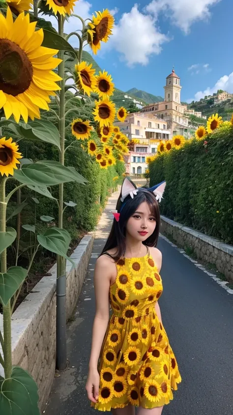 Beautiful girl walking seashore, 
the stunning Amalfi Coast in Italy, with viewers enjoying the traditional Italian lemon liqueur, Limoncello, in hand as they take in the breathtaking scenery,
Capture the picturesque coastal villages along the Amalfi Coast...