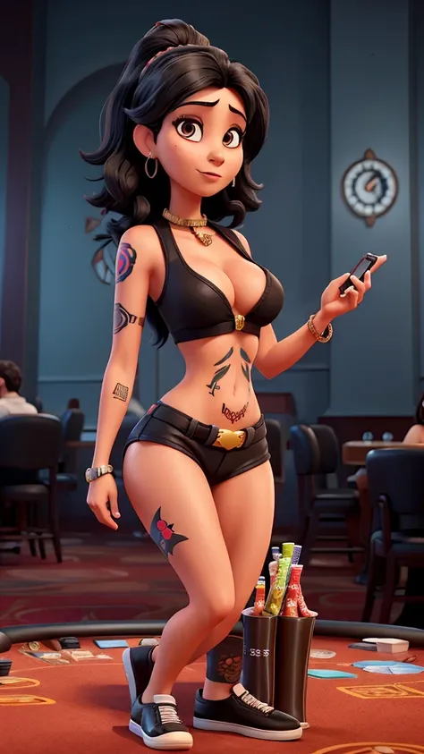 Woman with black hair, arm and chest tattoo, cell phone in hand in a casino, cigarette in another hand, big mouth big cocks, brave face