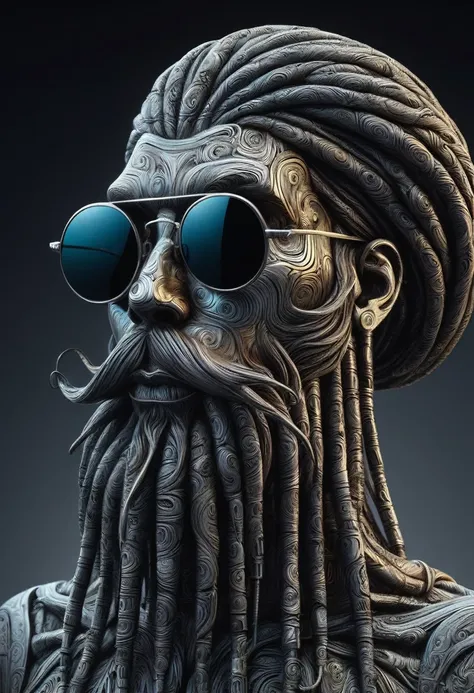 retro-futuristic sculpture made from thousands of blocks of acid-etched damascus steel, 3d floating head of a rastafarian, view ...