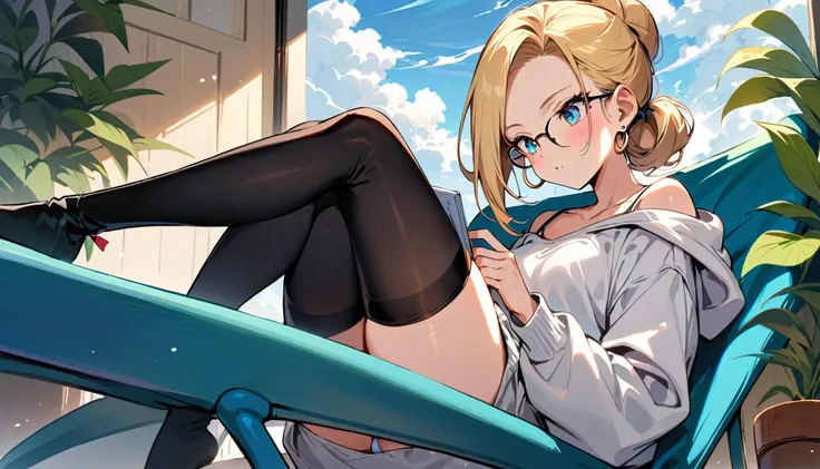 (masterpiece, best quality:1.2), solo, Android 18 from Dragon Ball, ((light gray hooded sweatshirt, Oversized hooded sweatshirt, long sleeve, black thin thigh highs, white panties, knees up, beautiful butt, thighs)), small breasts, blonde hair, (single hai...