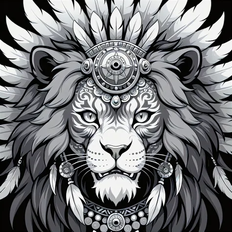 mictecacihuatl lion god of death black and grey vector style , highly detailed lion as face with feather headdress 