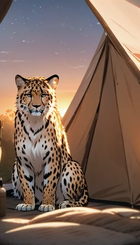 Highest quality、Masterpiece、Sunset Savanna、tent、tentで寝る女性:1.37、sleeping bag、Sleeping with a cheetah、