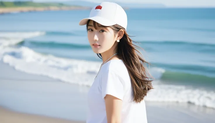 best quality, masterpiece,
Analog photo of Japanese idol girl wearing white t-shirt and hat backwards, looking at viewer, long hair, Headshots, hold one&#39;s hair with one&#39;s hand, enlargement, very beautiful detailed face, medium chest, (Cute face, lo...