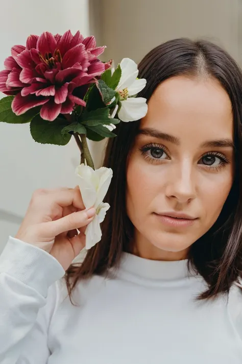 Photo of 28 year old woman with flower in her hand 


