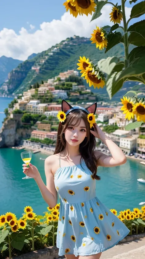 Beautiful girl walking seashore, 
the stunning Amalfi Coast in Italy, with viewers enjoying the traditional Italian lemon liqueur, Limoncello, in hand as they take in the breathtaking scenery,
Capture the picturesque coastal villages along the Amalfi Coast...