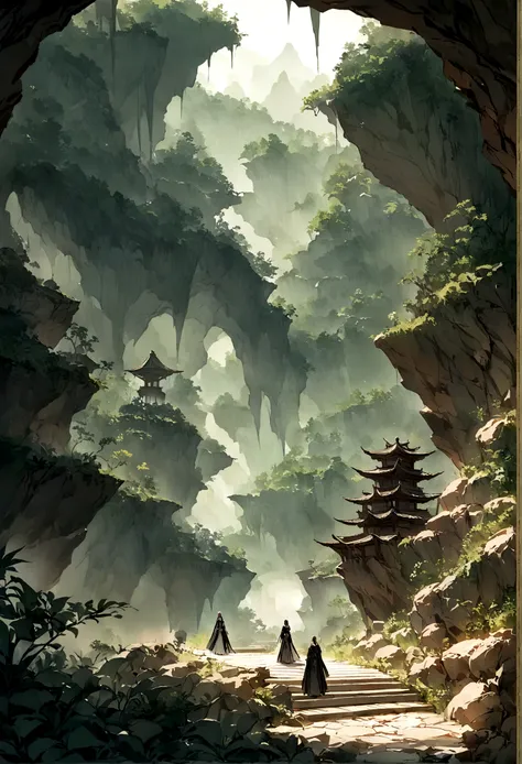 ((Chinese style，Immortal World，Xianxia World))，Mountain，Mist，(((Cave，)))mystery