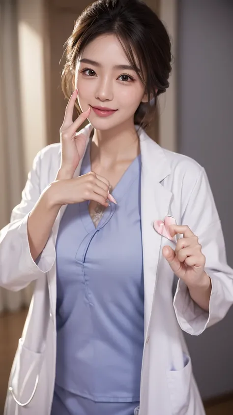 (Cowboy shot:1.2), smiling elegant slim asian woman, Japanese, wearing (((open labcoat over scrubs))), brown hair, (finger heart:1.5), (modern hospital room), photo, 1girl, ultra high res, realistic photorealistic, ultra-detailed, finely detailed, high res...