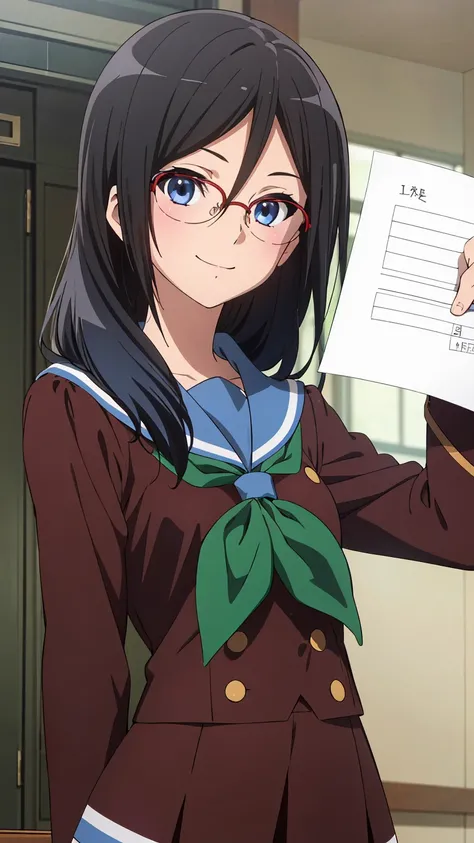 solo, 1girl, looking at viewer, sketch, flat colors, 2D, anime, anime coloring, upper body, , asuka tanaka, kitauji high , serafuku, blue sailor collar, green neckerchief, looking at viewer, smile girl, holding a blank paper viewing it to the viewer, 