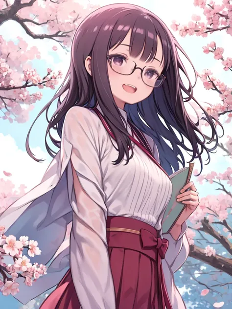 One Girl、Glasses、Reading under the cherry blossom tree、Petals flutter、Upper Body、laughing、Hair dancing in the wind、Clothes fluttering in the wind、Angle from below、