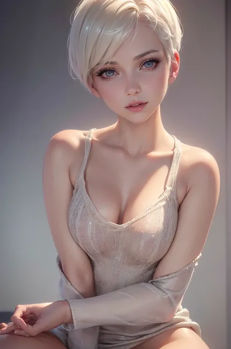 a beautiful woman with white short pixie hair wearing a baggy long sweater and no pants, extremely detailed face and eyes, beautiful detailed lips, long eyelashes, (best quality,4k,8k,highres,masterpiece:1.2),ultra-detailed,(realistic,photorealistic,photo-...