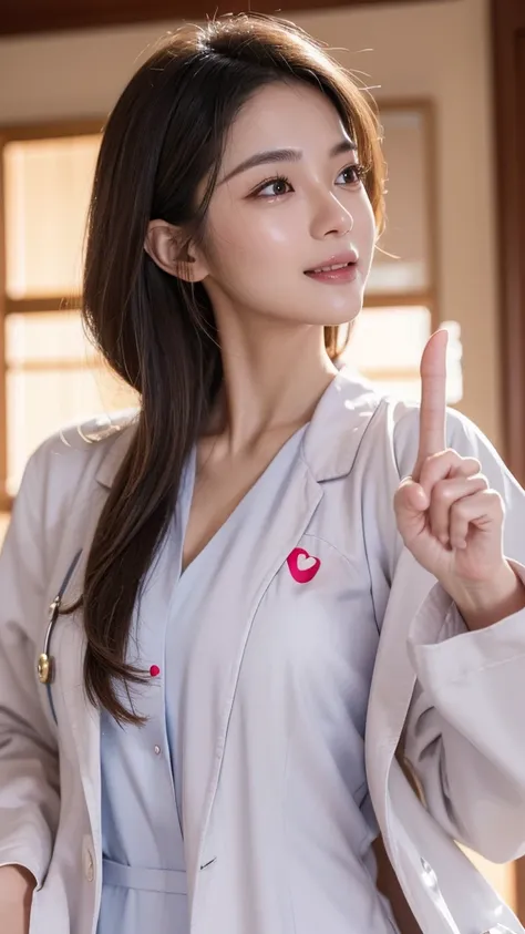 (Cowboy shot:1.2), smiling elegant slim asian woman, Japanese, wearing (((open labcoat over scrubs))), brown hair, (finger heart:1.5), (modern hospital room), photo, 1girl, ultra high res, realistic photorealistic, ultra-detailed, finely detailed, high res...