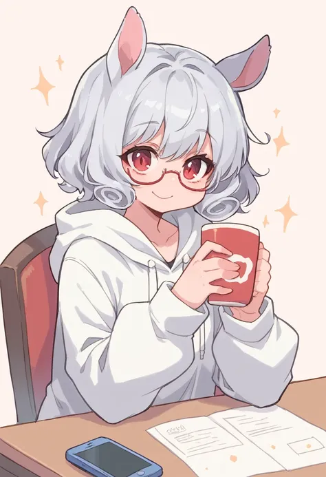 ,nsfw,1girl,girl with horse ears and tail,silver hair,red eyes,curly medium short hair,square glasses,wearing a large white coat...