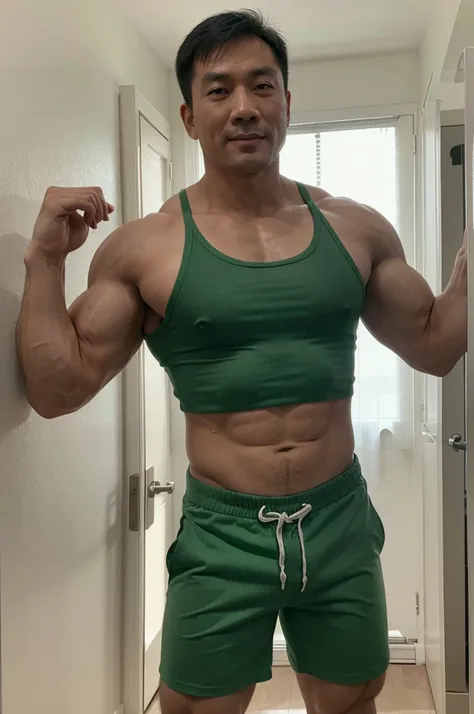 Asian Daddy muscle with green 
short pants 