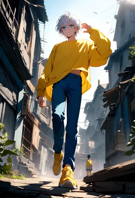 Boy with messy white hair, yellow sweatshirt, blue jeans , yellow shoe, blue colored eyes