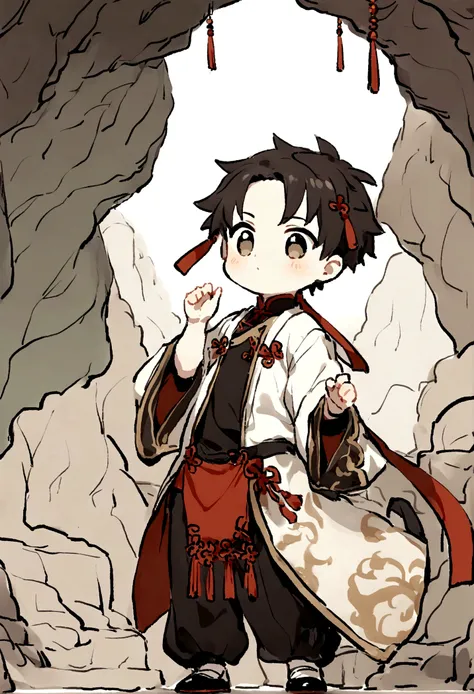 ((Chinese style，Immortal World，Xianxia World))，Mountain，Mist，(((Cave，)))mystery，A cute little boy，((Worn clothes))，Light-colored clothing，Chinese style，Xiuxian style