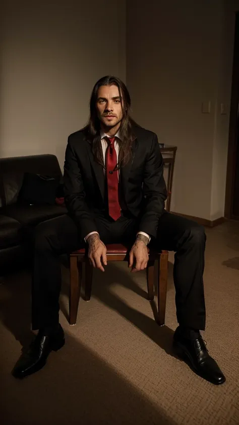 An image of a man in a black suit with red tie, holding a smoking gun, long hair while sitting on a chair, human bodies lying in front of him on the floor, red liquids surrounding them