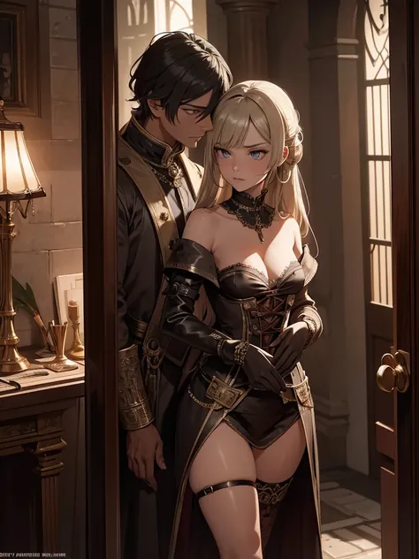 (​masterpiece、top-quality、hight resolution、Unity 8k Wallpaper、extremely details CG:1), In a secretive small room, a commoner prostitute looks bewildered as she is approached by a nobleman. The atmosphere is tense yet private, highlighting the disparity bet...