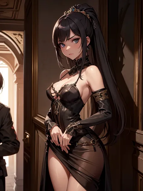 (​masterpiece、top-quality、hight resolution、Unity 8k Wallpaper、extremely details CG:1), In a secretive small room, a commoner prostitute looks bewildered as she is approached by a nobleman. The atmosphere is tense yet private, highlighting the disparity bet...