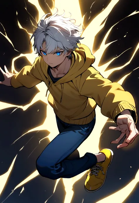 Boy with messy white hair, yellow sweatshirt, blue jeans , yellow shoe, blue colored eyes, electric powers