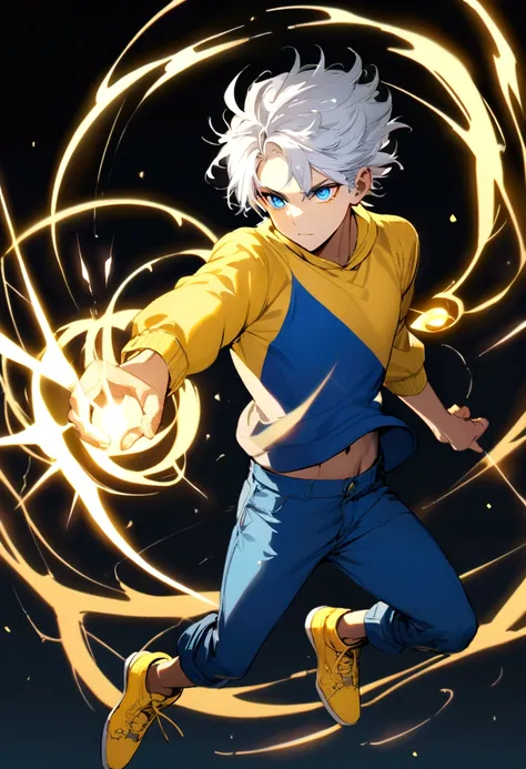 Boy with messy white hair, yellow sweatshirt, blue jeans , yellow shoe, blue colored eyes, electric powers