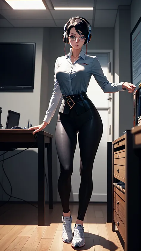 whole body, entire body, full body, total body, upright stance, erect posture, athletic shoes, waist, 20-years-old beautiful office working female, (black rim glasses), (white headphones), black hair, date clothes, Correct outfit for early summer, colorful...