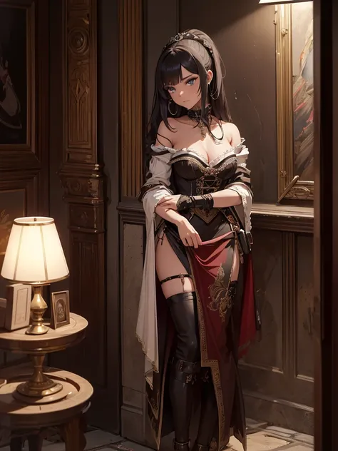 (​masterpiece、top-quality、hight resolution、Unity 8k Wallpaper、extremely details CG:1), In a secretive small room, a commoner prostitute looks bewildered as she is approached by a nobleman. The atmosphere is tense yet private, highlighting the disparity bet...