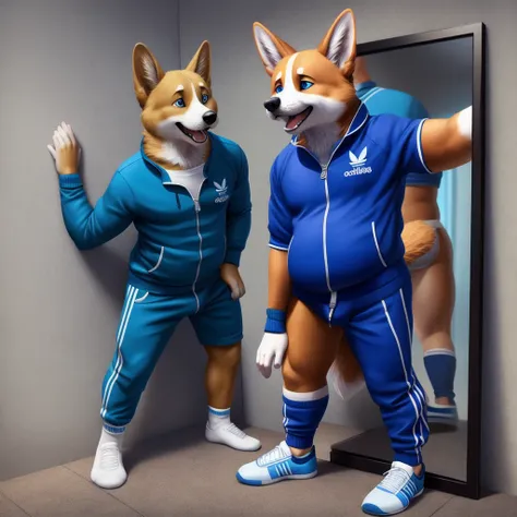 slightly chubby dad male corgi with small human blue eyes, open mouth , wearing a dark blue Adidas tracksuit, no pants white briefs, ankle white socks ,pulling down shirt zip  lean on wall , highly detailed, realistic, 4k, best quality, masterpiece, , vivi...