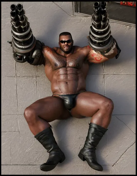 barret, dark skin male with gun arm and tattoo, sunglasses, bulk , shirtless , (black g-string) , full body , black boots , bulge , laying spread legs