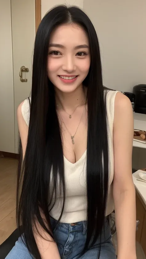 ((highest quality、8k、master piece:1.3))、1 girl、The beauty of slim abs:1.3、(hairstyle casual)、smooth long black hair、(black long hair:1.8), tan skin, super detailed face、delicate eyes、double eyelid、laughter、Home、vest、alcohol、30 age、housewife、smile、various c...