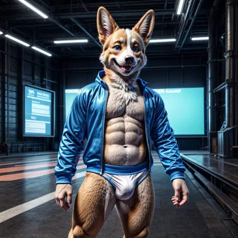 dad male corgi with small human blue eyes well built, dark blue track suit , no shirt no pants ,white briefs , highly detailed lineart 4k, best quality, masterpiece, vivid colors, physically-based rendering, white hands five finger, grin 
