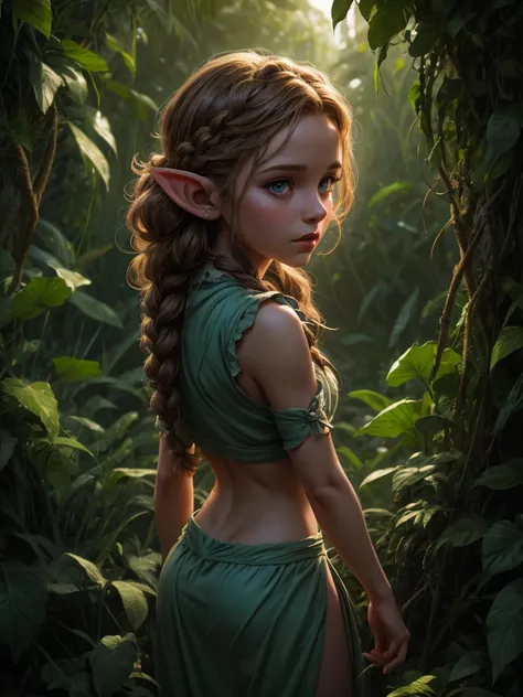 looking back elf girl portrait, curly two braid hair, in a jungle, 8k, raw photo, best quality, masterpiece, high detail raw col...