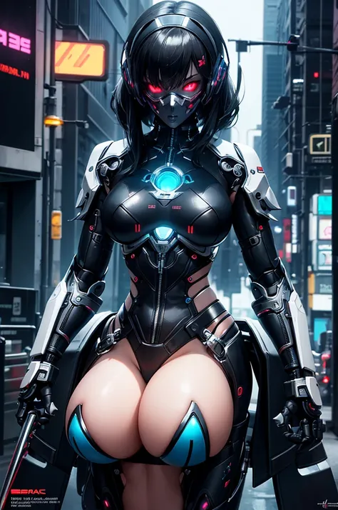 sexy pose, cyberpunk girl with perky breasts, robot bikini thong, robot mask, futuristic, intricate details, mechanical elements, neon lights, dark atmosphere, glowing eyes, chrome, hyper-realistic, cinematic lighting, masterpiece, 8k, photorealistic