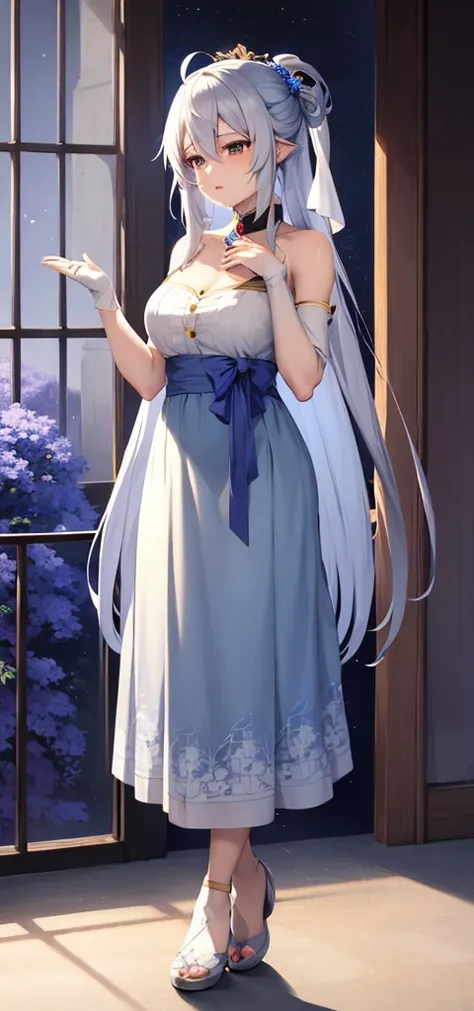 animemanga girl，Long white hair，Blue skirt，holding a blue flower, white-haired god, ((beautiful fantasy empress)), Beautiful fantasy anime, Beuatiful anime, anime goddess, A destiny anime style/overnight with, Sky blue. detailed hair, Anime visuals of a cu...