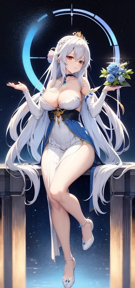 animemanga girl，Long white hair，Blue skirt，holding a blue flower, white-haired god, ((beautiful fantasy empress)), Beautiful fantasy anime, Beuatiful anime, anime goddess, A destiny anime style/overnight with, Sky blue. detailed hair, Anime visuals of a cu...