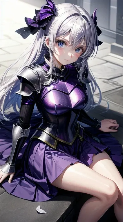 5 8K Ultra HD、Wearing a shiny purple knight&#39;s uniform，Purple hair beauty，Purple fingertips cover the small nose，Squatting on the ground，Open your crotch，Lift your hips，Looking up below。.、Night city、Purple Latex Slide Set with hidden skin、Purple Latex S...