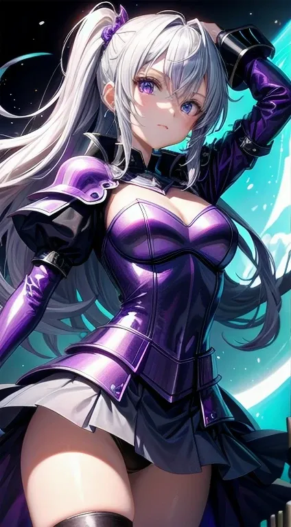 5 8K Ultra HD、Wearing a shiny purple knight&#39;s uniform，Purple hair beauty，Purple fingertips cover the small nose，Squatting on the ground，Open your crotch，Lift your hips，Looking up below。.、Night city、Purple Latex Slide Set with hidden skin、Purple Latex S...