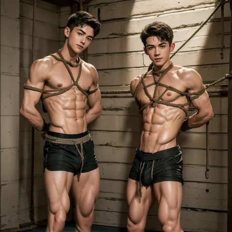  (((18 year old shirtless, very skinny twink))), fair hair, handsome face, smile (((wearing gym shorts))) biceps flexed, kneeling, ((((Trussed up completely with rope)))), ((((very tight rope crossed over chest)))),(((body in tight shibari ropes))) sweatin...